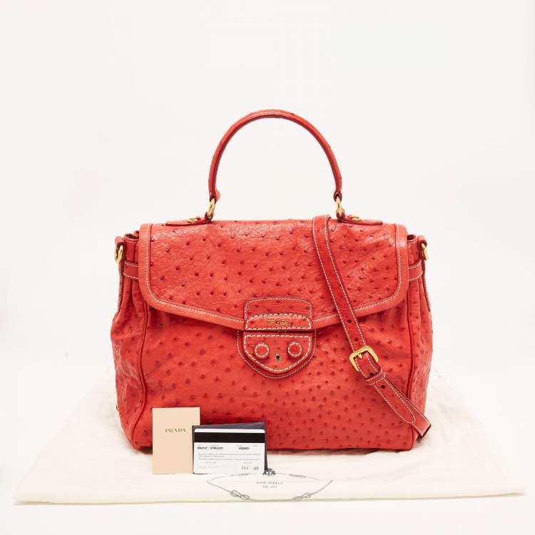 Pre Owned Prada Red Ostrich Pushlock Flap Top Handle Bag