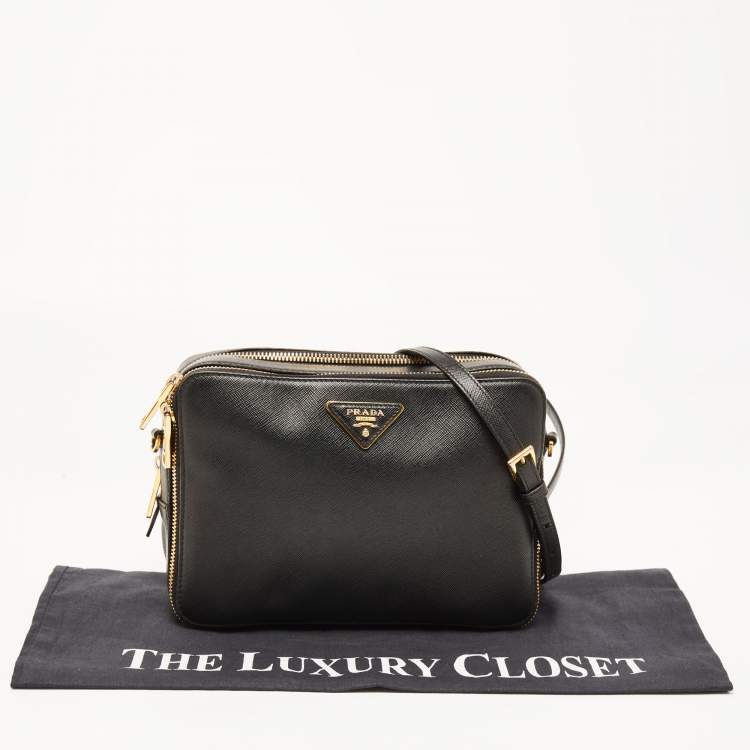 Pre Owned Prada Black Saffiano Lux Leather Double Zip Camera Crossbody Bag