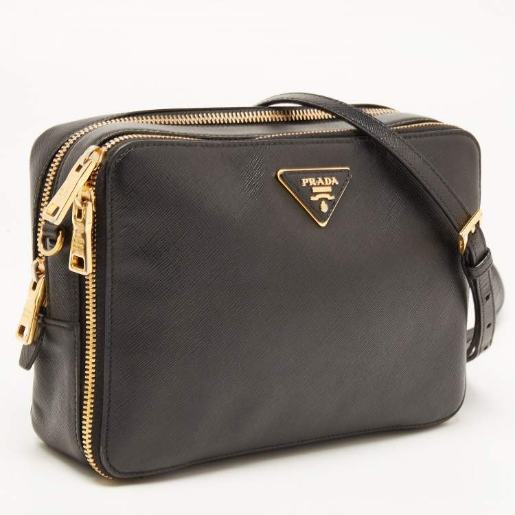 Pre Owned Prada Black Saffiano Lux Leather Double Zip Camera Crossbody Bag