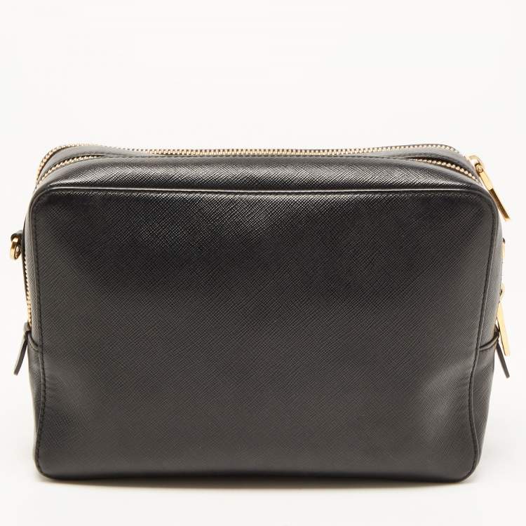 Pre Owned Prada Black Saffiano Lux Leather Double Zip Camera Crossbody Bag