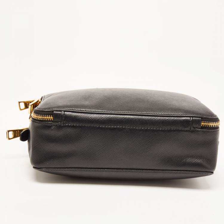 Pre Owned Prada Black Saffiano Lux Leather Double Zip Camera Crossbody Bag