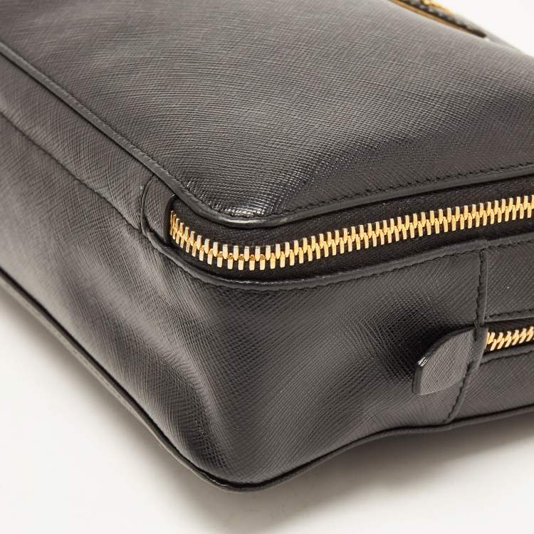 Pre Owned Prada Black Saffiano Lux Leather Double Zip Camera Crossbody Bag