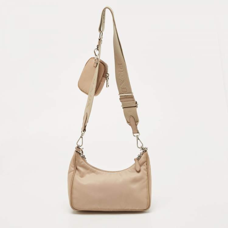 Pre Owned Prada Beige Nylon and Leather Re-Edition 2005 Baguette Bag