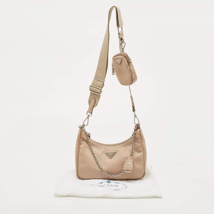 Pre Owned Prada Beige Nylon and Leather Re-Edition 2005 Baguette Bag
