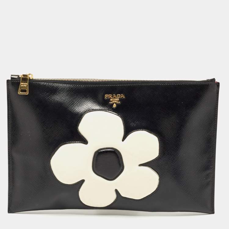 Prada White/Black Saffiano Leather Zip Clutch Prada