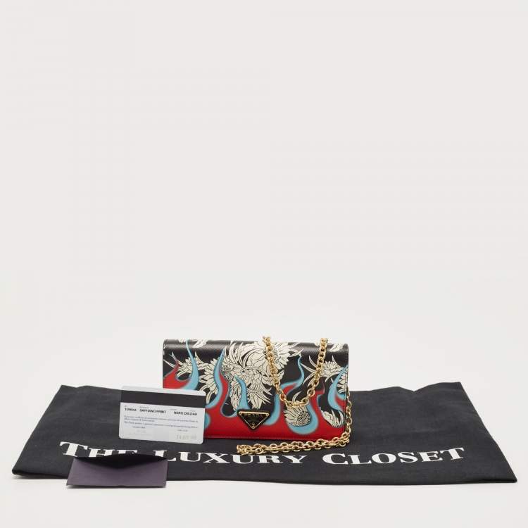 Pre Owned Prada Multicolor Printed Saffiano Leather Triangle Logo Flap Chain Clutch