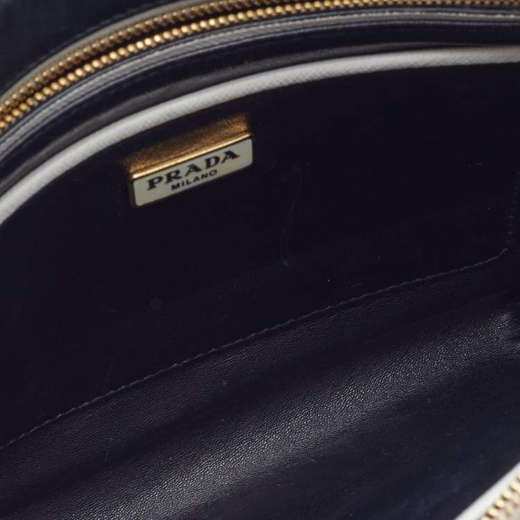 Pre Owned Prada White/Black Saffiano Leather Zip Clutch