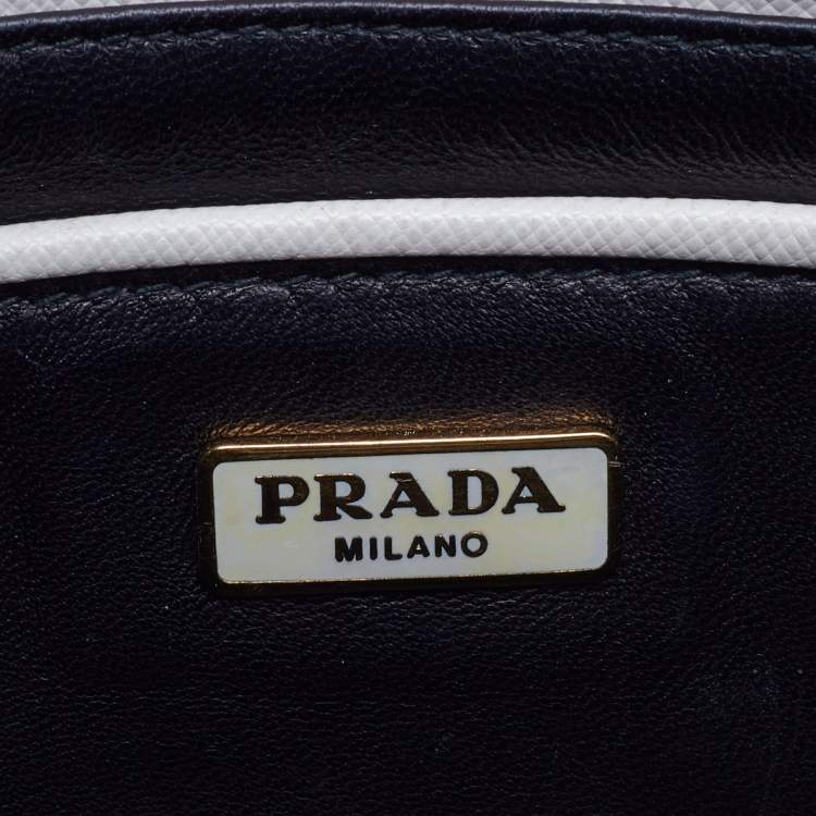 Pre Owned Prada White/Black Saffiano Leather Zip Clutch