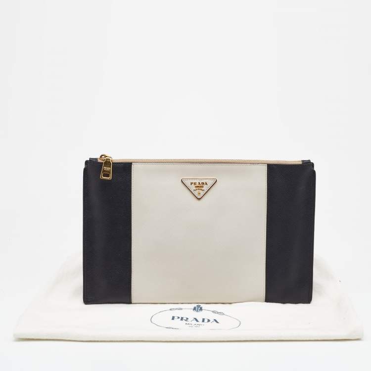 Pre Owned Prada White/Black Saffiano Leather Zip Clutch