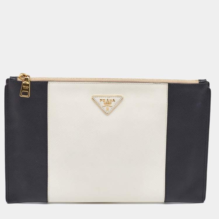 Pre Owned Prada White/Black Saffiano Leather Zip Clutch