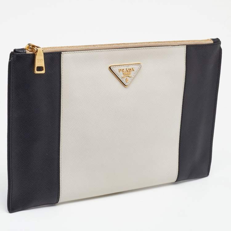 Pre Owned Prada White/Black Saffiano Leather Zip Clutch
