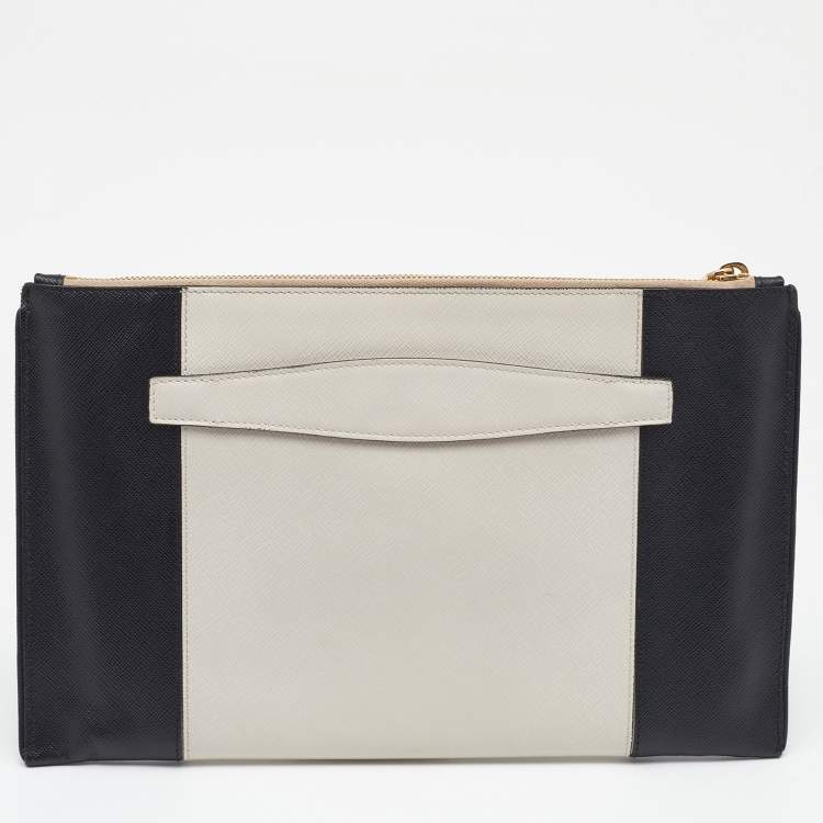 Pre Owned Prada White/Black Saffiano Leather Zip Clutch