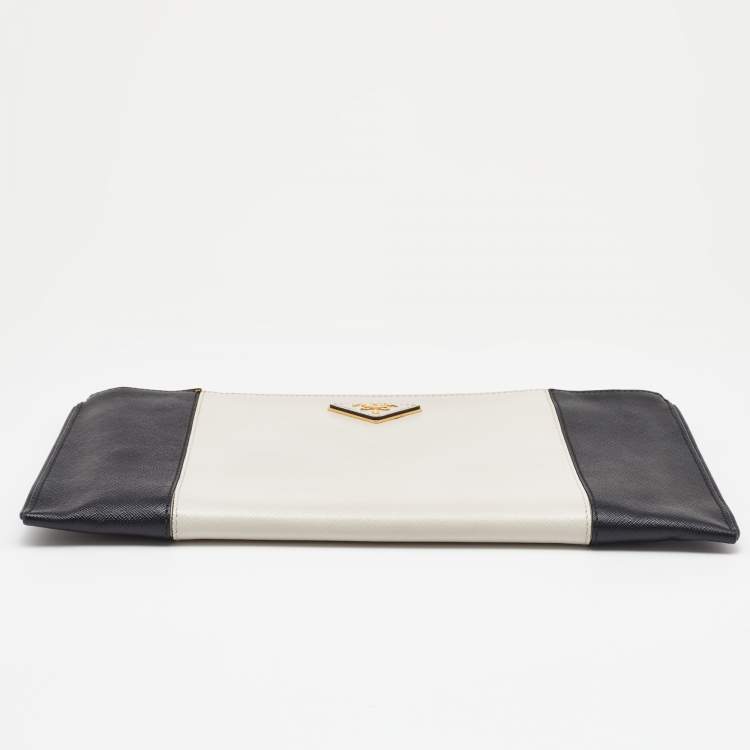 Pre Owned Prada White/Black Saffiano Leather Zip Clutch
