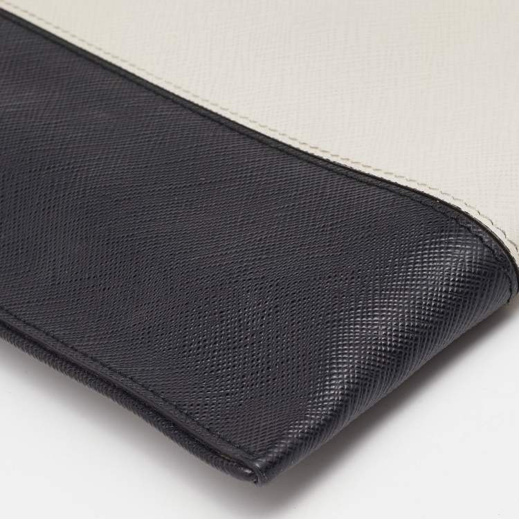 Pre Owned Prada White/Black Saffiano Leather Zip Clutch