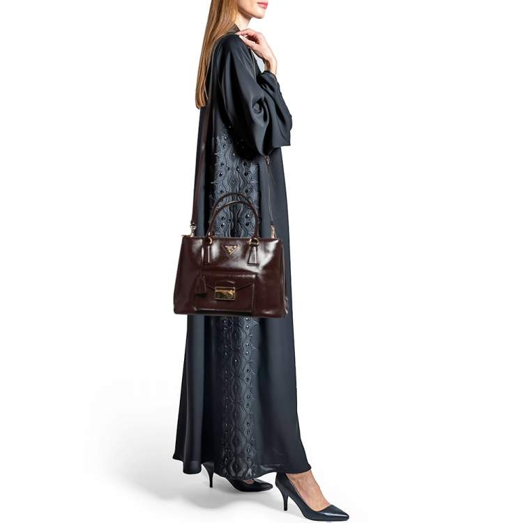Pre Owned Prada Burgundy Saffiao Patent Leather Cargo Pocket Tote