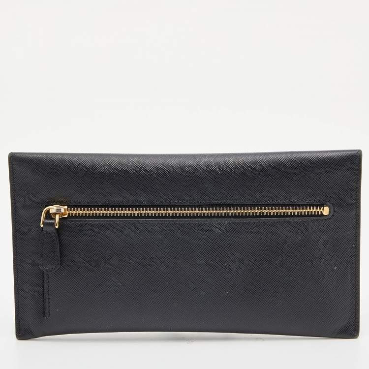 Pre Owned Prada Black Saffiano Lux Leather Envelope Clutch