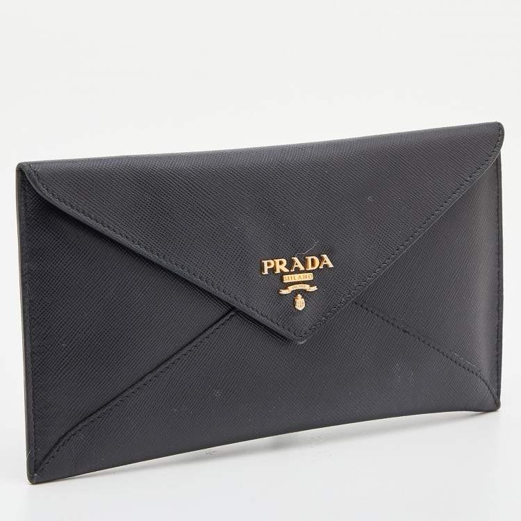 Pre Owned Prada Black Saffiano Lux Leather Envelope Clutch