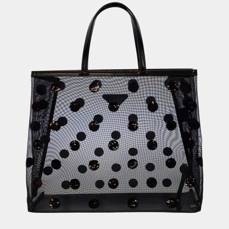 Pre Owned Prada Black Mesh Polka Dot Tote Bag