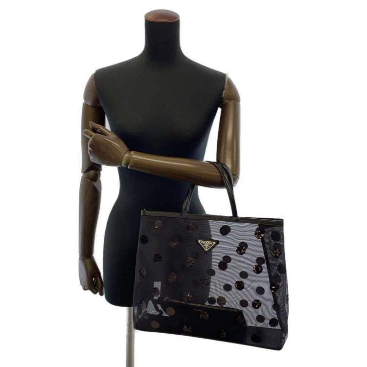 Pre Owned Prada Black Mesh Polka Dot Tote Bag
