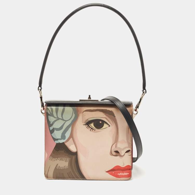 Pre Owned Prada Black/Red Saffiano Print Leather Face Art Top Handle Bag