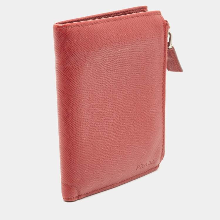 Pre Owned Prada Red Leather Compact Flap Wallet