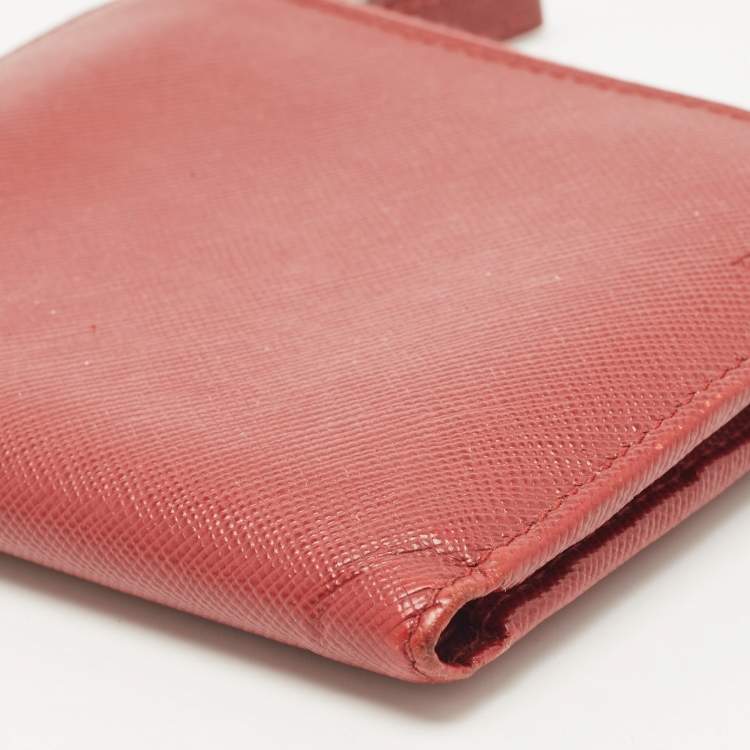 Pre Owned Prada Red Leather Compact Flap Wallet