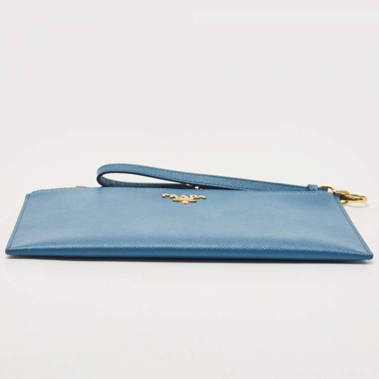 Pre Owned Prada Blue Saffiano Lux Leather Flat Wristlet Pouch
