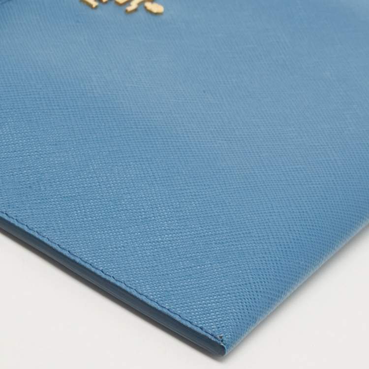 Pre Owned Prada Blue Saffiano Lux Leather Flat Wristlet Pouch