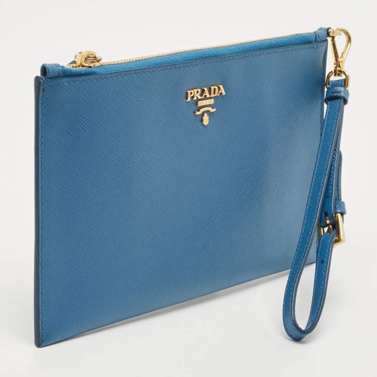 Pre Owned Prada Blue Saffiano Lux Leather Flat Wristlet Pouch