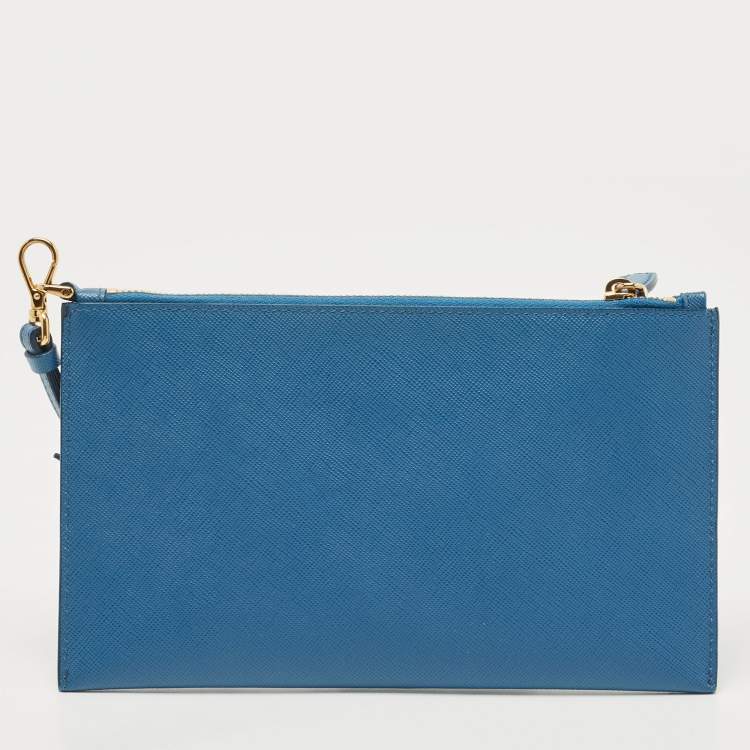 Pre Owned Prada Blue Saffiano Lux Leather Flat Wristlet Pouch