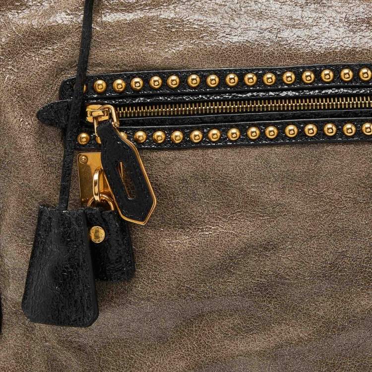 Pre Owned Prada Talco Craquele Leather Studded Bauletto Tote
