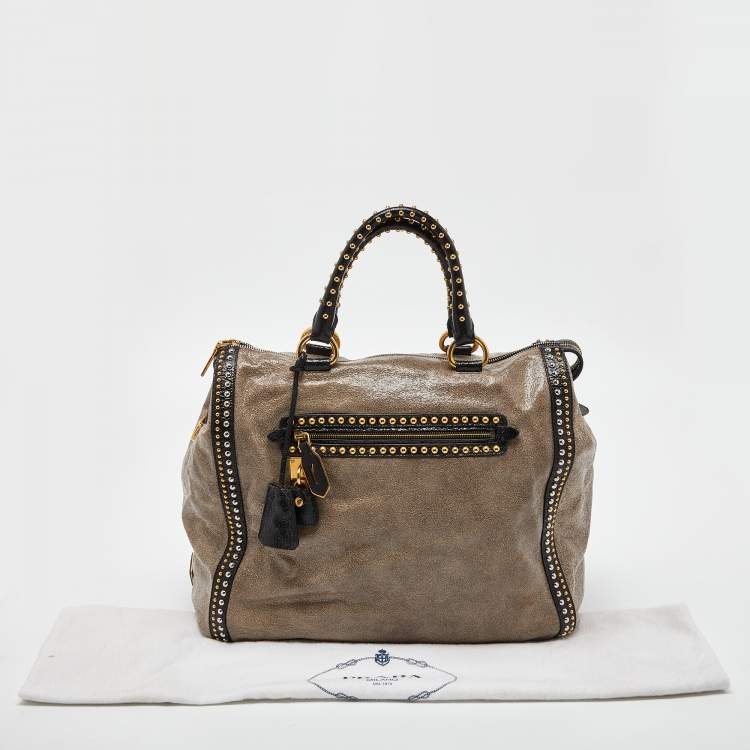 Pre Owned Prada Talco Craquele Leather Studded Bauletto Tote