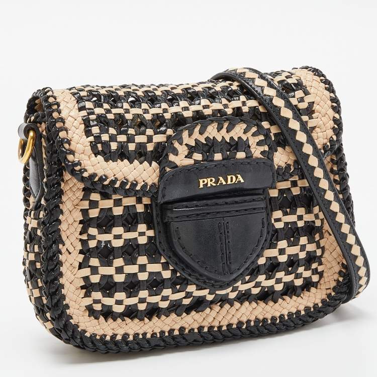 مملوكة مسبقًا Prada Beige/Black Woven Madras Leather Crossbody Bag