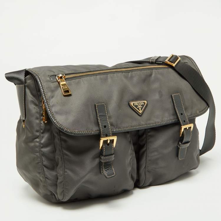 Pre Owned Prada Grey Nylon and Leather Buckle Messenger Bag