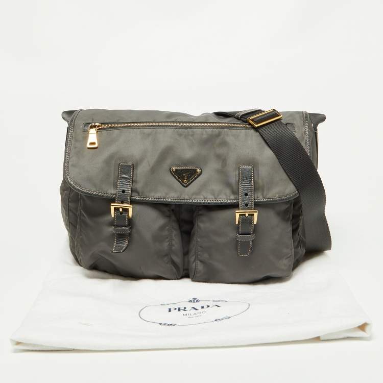 Pre Owned Prada Grey Nylon and Leather Buckle Messenger Bag