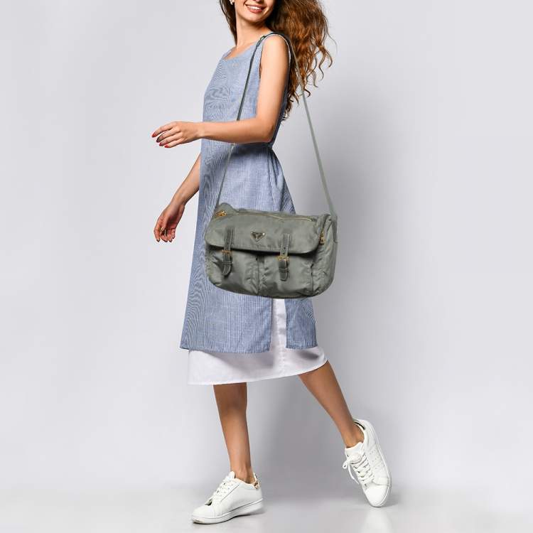 Pre Owned Prada Grey Nylon and Leather Buckle Messenger Bag