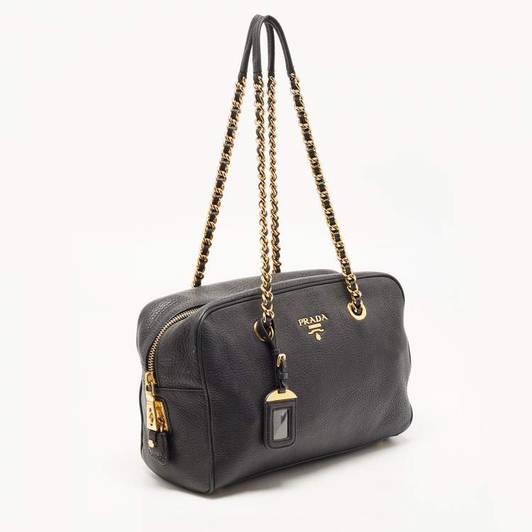 Pre Owned Prada Black Leather Chain Bowler Chain Bag