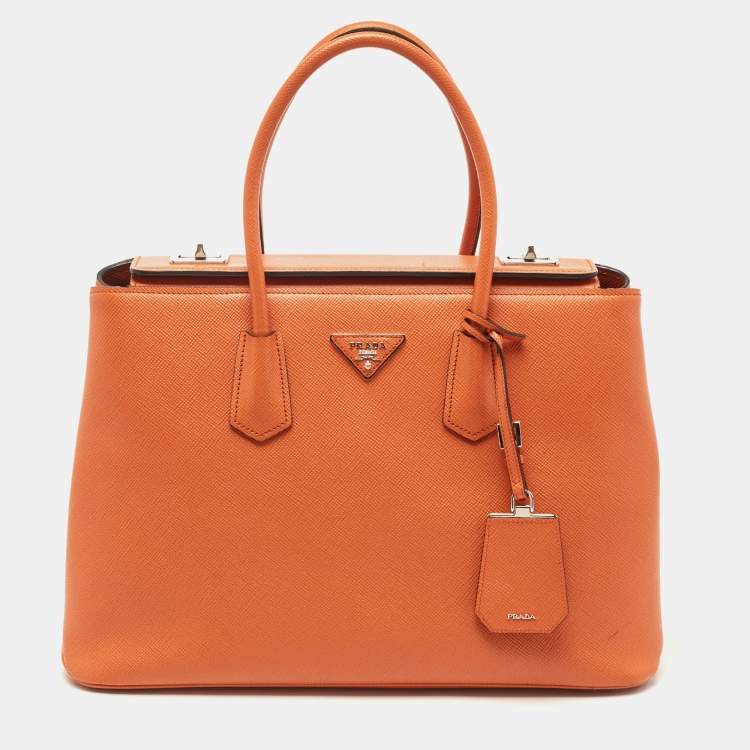 Pre Owned Prada Orange Saffiano Leather Large Twin Tote