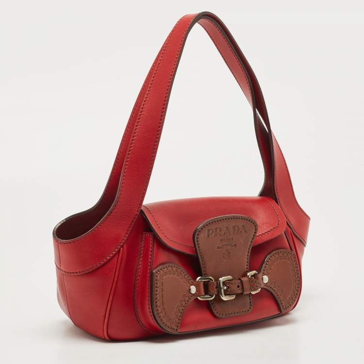 Pre Owned Prada Red Leather Buckle Shoulder Bag