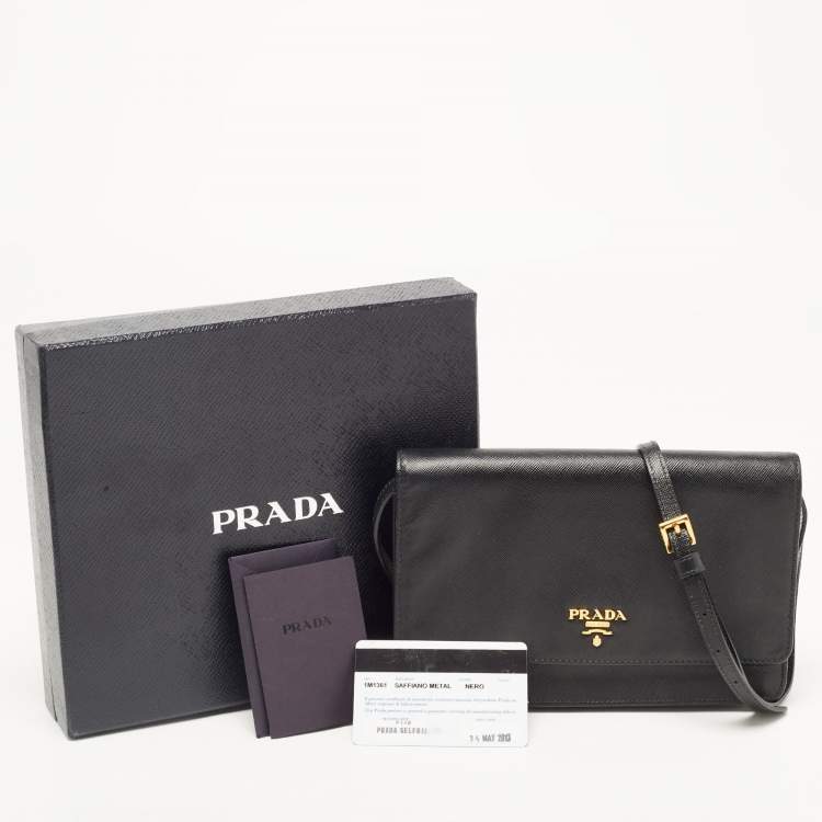 Pre Owned Prada Black Saffiano Lux Leather Logo Flap Clutch Bag