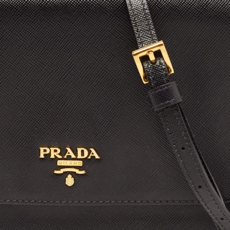 Pre Owned Prada Black Saffiano Lux Leather Logo Flap Clutch Bag