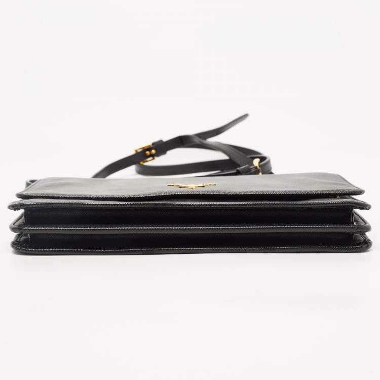 Pre Owned Prada Black Saffiano Lux Leather Logo Flap Clutch Bag