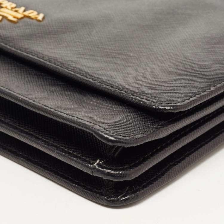 Pre Owned Prada Black Saffiano Lux Leather Logo Flap Clutch Bag