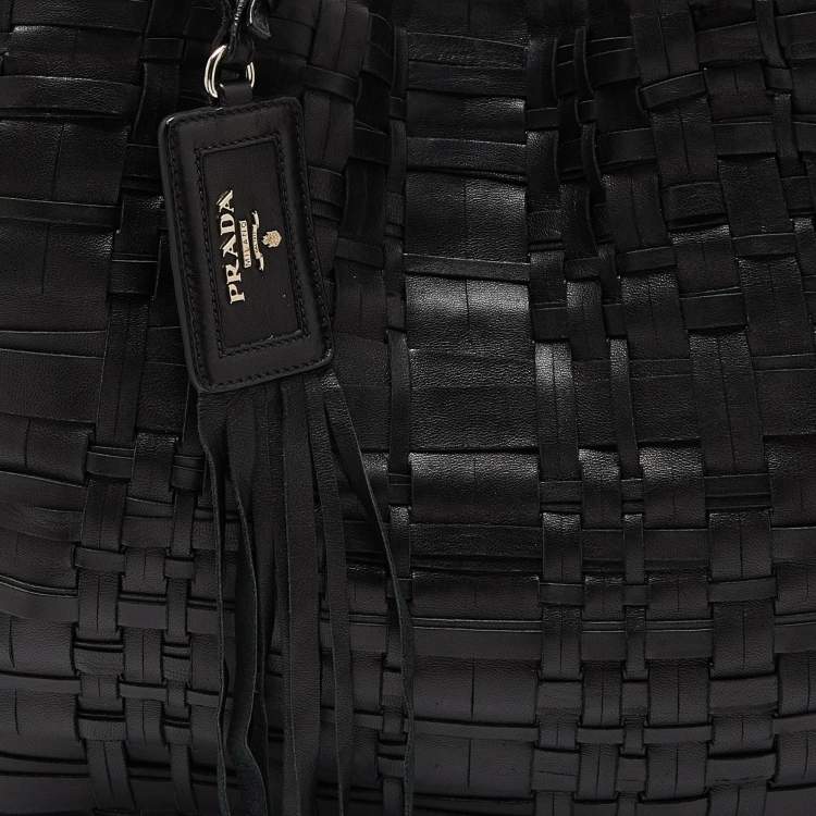 Pre Owned Prada Black Woven Leather Shopper Tote
