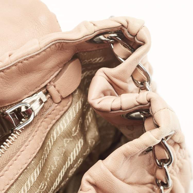 Pre Owned Prada Beige Gaufre Leather Logo Flap Chain Shoulder Bag