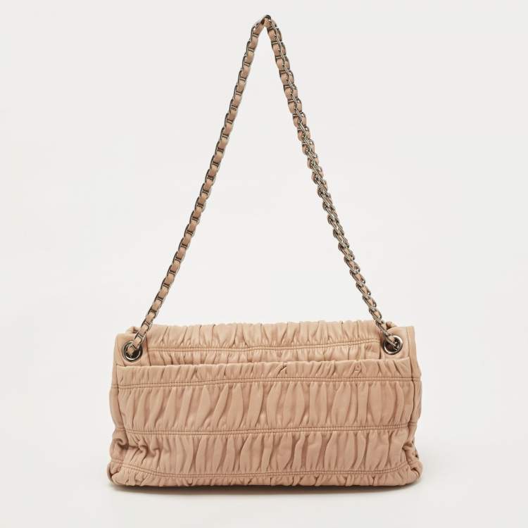 Pre Owned Prada Beige Gaufre Leather Logo Flap Chain Shoulder Bag