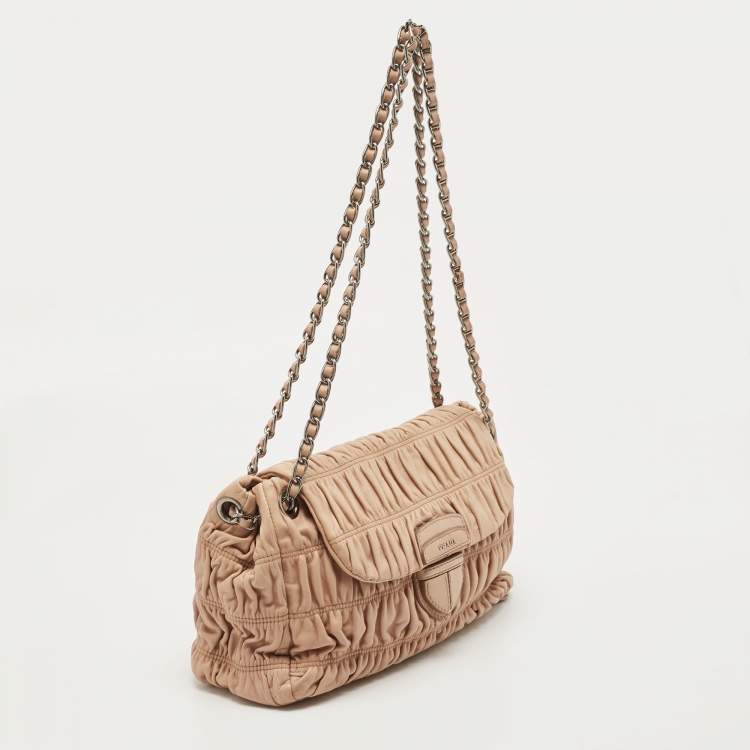 Pre Owned Prada Beige Gaufre Leather Logo Flap Chain Shoulder Bag