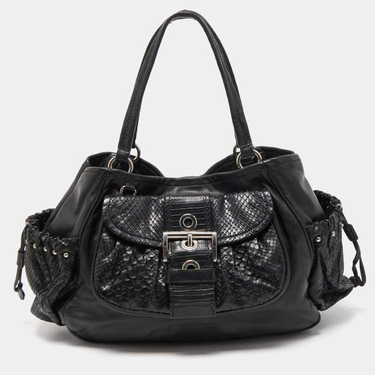 Black Pocket buckled leather shoulder bag, Prada