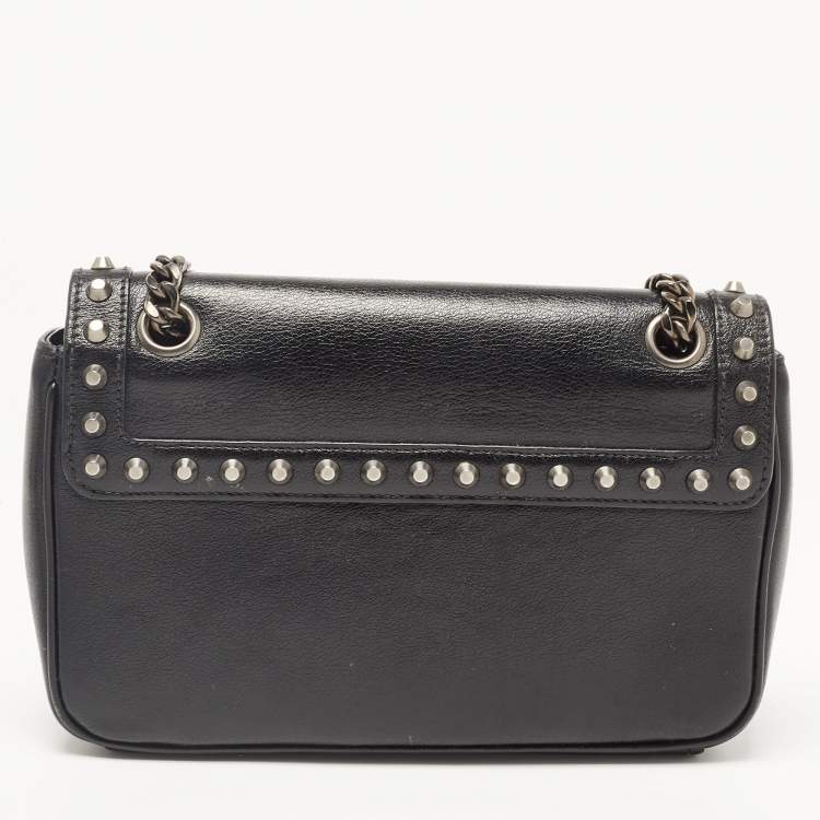 Pre Owned Prada Black Glace Leather Studded Flap Shoulder Bag
