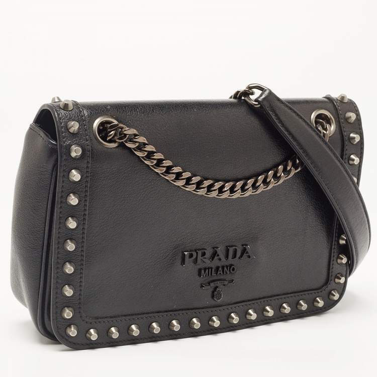 Pre Owned Prada Black Glace Leather Studded Flap Shoulder Bag